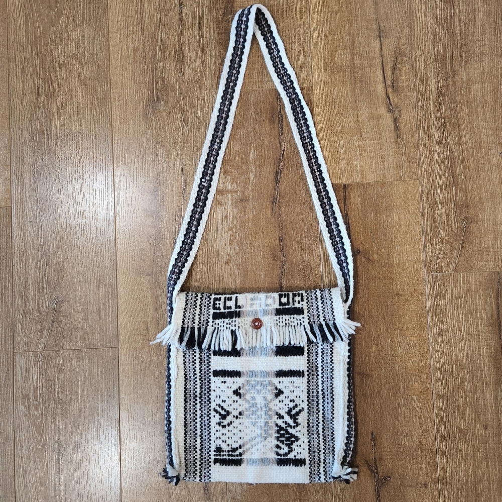 Handmade Aztec crocheted fringe shoulder crossbody bag boho festival